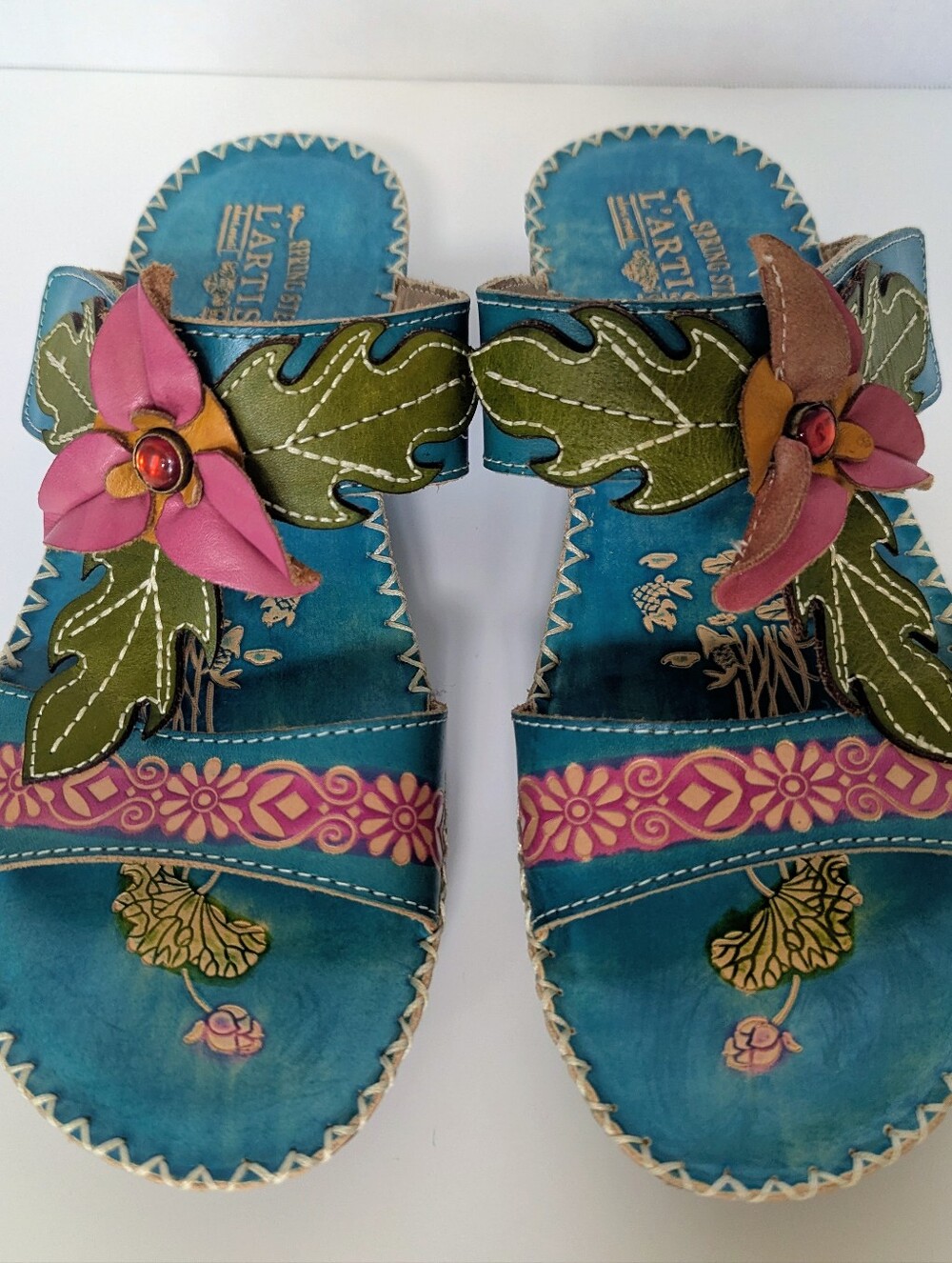 L'Artiste by Spring Step Slide Sandals Size 40 US 9/9.5 Turquoise Leather Flower